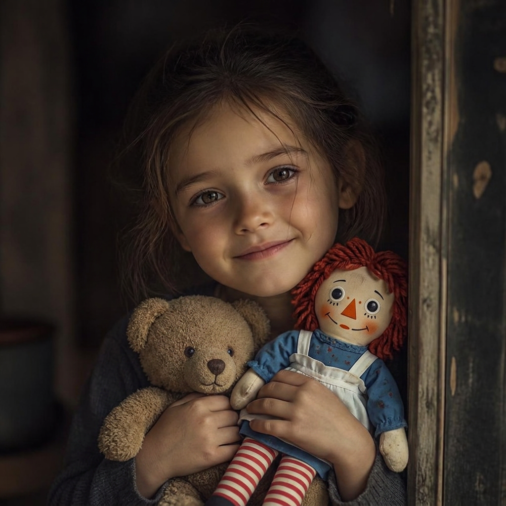 Seven-year-old little girl in the 1970's holding a teddy bear and a raggedy Anne doll.  She is smiling but something in her eyes shows sadness.  The little girl has brown hair and brown eyes. 